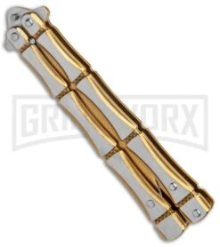 Gold Bone Balisong Drop Point Butterfly Knife - 2 Tone Plain -Kershaw Sale Store Gold Bone Balisong DP Butterfly TT Plain GX 37370 jr spine large