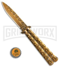 Gold Skull Balisong Butterfly Knife - Gold Plain 7 Gold Skull Balisong Butterfly Knife - Gold Plain -Kershaw Sale Store Gold Skull Balisong Drop Point Butterfly Knife GX 37608 td size large