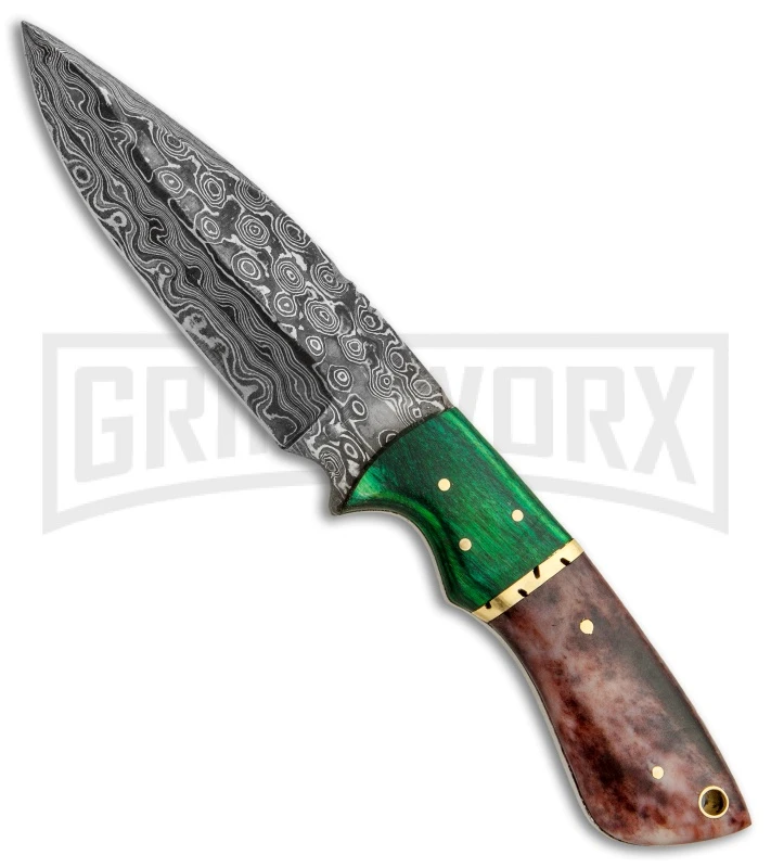 Tallen Dress Hunter Fixed Blade W Green Wood And Bone Handle - Damascus Plain 1 Tallen Dress Hunter Fixed Blade W Green Wood And Bone Handle - Damascus Plain