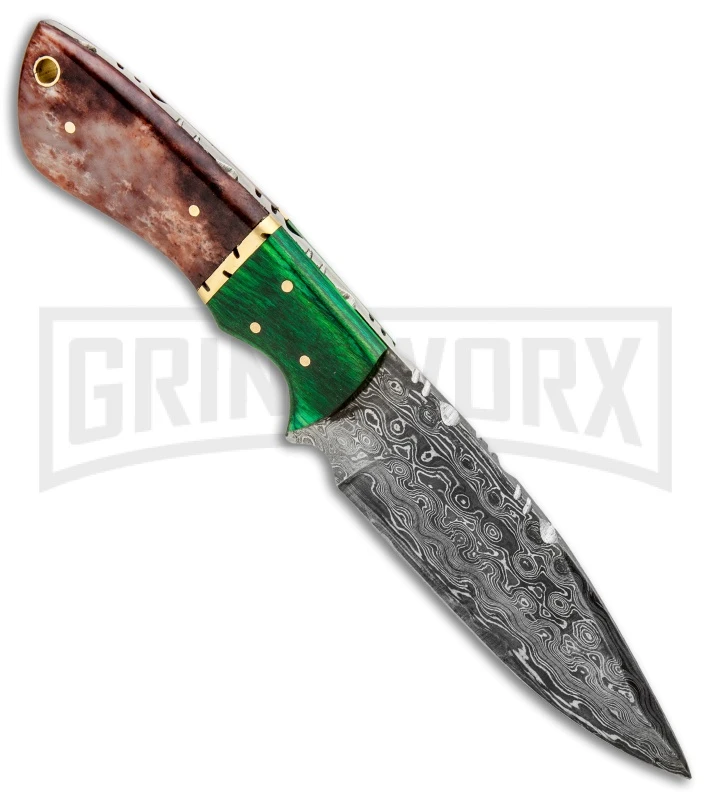 Tallen Dress Hunter Fixed Blade W Green Wood And Bone Handle - Damascus Plain 2 Tallen Dress Hunter Fixed Blade W Green Wood And Bone Handle - Damascus Plain - Image 2