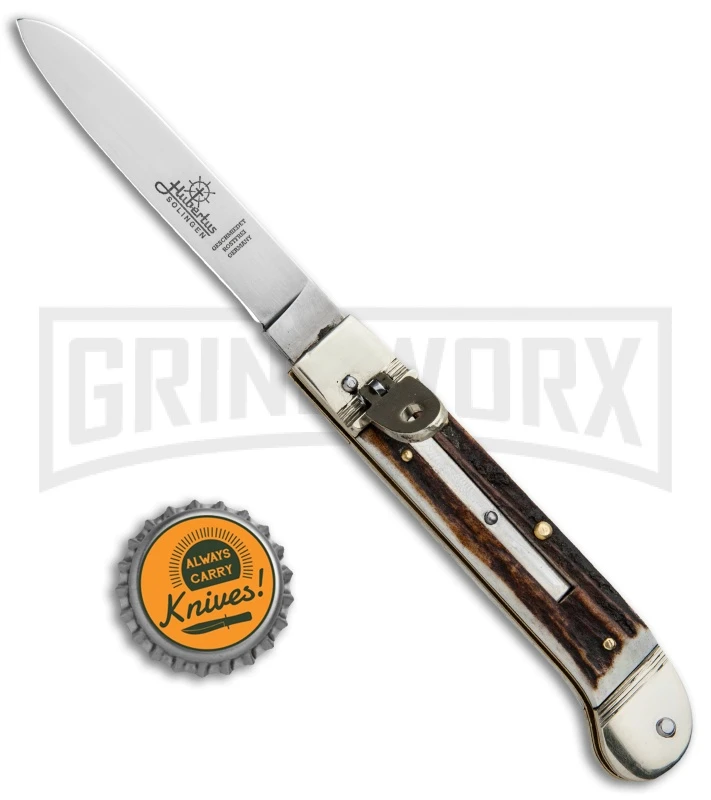 Hubertus 7.13" Pistol Shape Lever Lock Stag Automatic Knife - Satin Plain 4 Hubertus 7.13" Pistol Shape Lever Lock Stag Automatic Knife - Satin Plain - Image 4