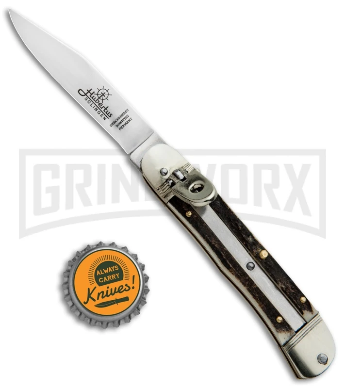 Hubertus 7" Medium Size Lever Lock Stag Horn Automatic Knife - Satin Plain 4 Hubertus 7" Medium Size Lever Lock Stag Horn Automatic Knife - Satin Plain - Image 4