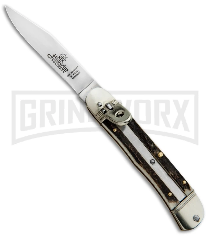 Hubertus 7" Medium Size Lever Lock Stag Horn Automatic Knife - Satin Plain 1 Hubertus 7" Medium Size Lever Lock Stag Horn Automatic Knife - Satin Plain