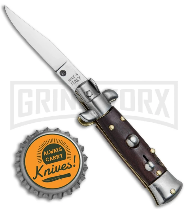 4.5" Italian Mini Stiletto Gonzo Wood Automatic Knife - Clip Point Satin 4 4.5" Italian Mini Stiletto Gonzo Wood Automatic Knife - Clip Point Satin - Image 4