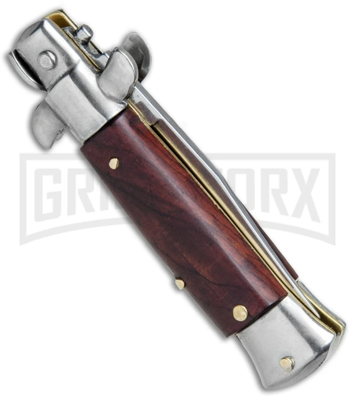 4.5" Italian Mini Stiletto Gonzo Wood Automatic Knife - Clip Point Satin 3 4.5" Italian Mini Stiletto Gonzo Wood Automatic Knife - Clip Point Satin - Image 3