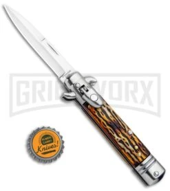 Milano 7.5" Lever Lock Automatic Knife Sim Stag - Satin 9 Milano 7.5" Lever Lock Automatic Knife Sim Stag - Satin -Kershaw Sale Store Leverletto Style Italian Auto Sim Stag Bayo GSE020STG GX 33520 jr bottlecap large