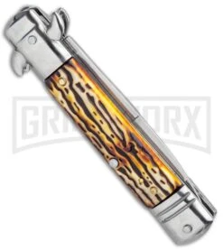 Milano 7.5" Lever Lock Automatic Knife Sim Stag - Satin 7 Milano 7.5" Lever Lock Automatic Knife Sim Stag - Satin -Kershaw Sale Store Leverletto Style Italian Auto Sim Stag Bayo GSE020STG GX 33520 jr side large