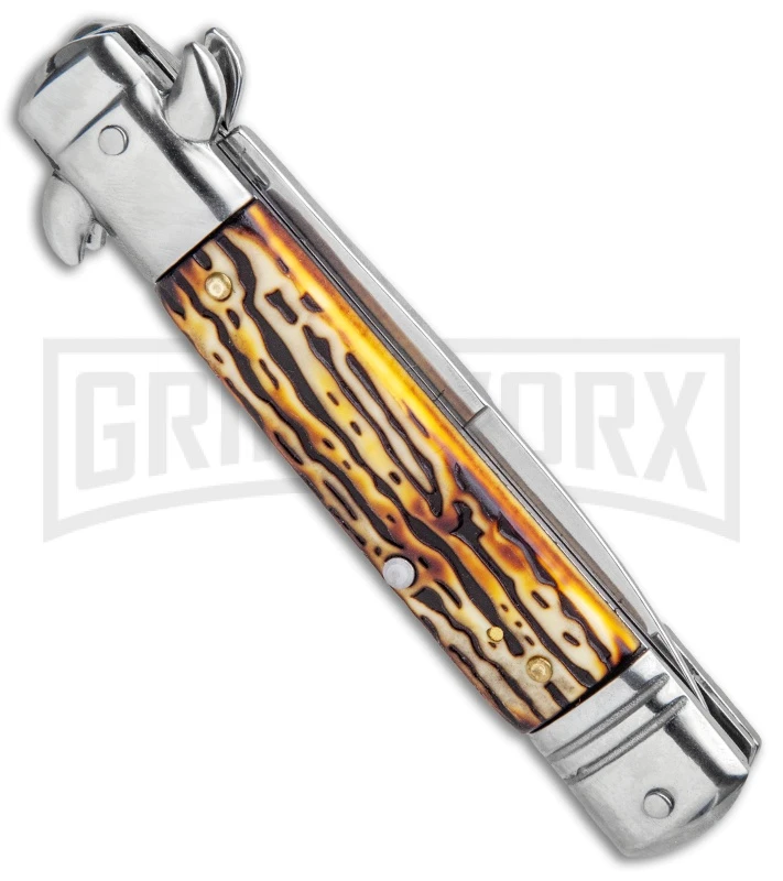 Milano 7.5" Lever Lock Automatic Knife Sim Stag - Satin 3 Milano 7.5" Lever Lock Automatic Knife Sim Stag - Satin - Image 3