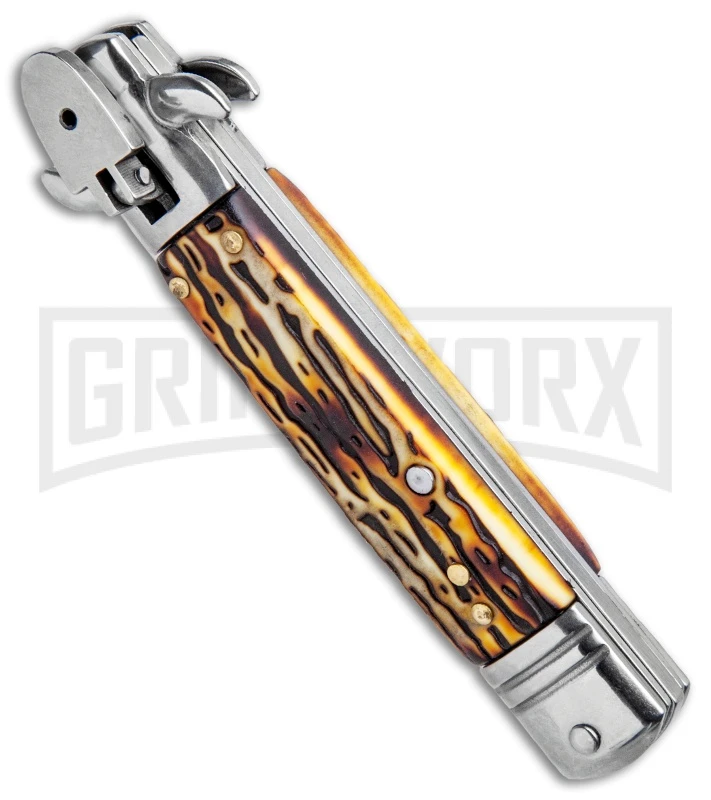 Milano 7.5" Lever Lock Automatic Knife Sim Stag - Satin 2 Milano 7.5" Lever Lock Automatic Knife Sim Stag - Satin - Image 2