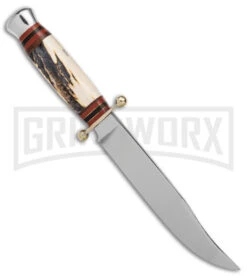 Linder Medium Bowie Brown/White Stag Fixed Blade Knife - Clip Point Plain -Kershaw Sale Store Linder Medium Bowie Fixed Blade Stag Polished BHQ 144614 jr spine large 1