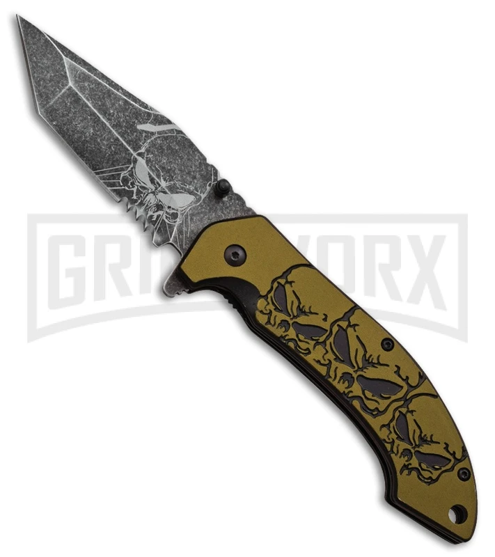 M-Tech Quadruple Skull OD Green Spring Assisted Knife - Black Stonewash Serr 1 M-Tech Quadruple Skull OD Green Spring Assisted Knife - Black Stonewash Serr