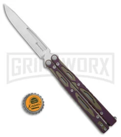 Maxace Unicorn Purple/Green G-10 Butterfly Knife - Spear Point Satin Plain -Kershaw Sale Store Maxace Unicorn Balisong Butterfly Purple Green G10 Satin SP GX 40487 jr bottlecap large