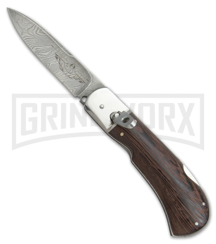 8" Medteh Russian Leverlock Dark Wood Stiletto Automatic Knife - Damascus Plain 1 8" Medteh Russian Leverlock Dark Wood Stiletto Automatic Knife - Damascus Plain