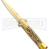Milano 9" Stiletto Gold Sim Stag Horn Automatic Knife - Bayonet Satin 6 Milano 9" Stiletto Gold Sim Stag Horn Automatic Knife - Bayonet Satin -Kershaw Sale Store Milano 9in Gold Italian Stiletto Stag Horn Auto Bayo Gold GX 36285 jr large