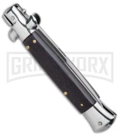 Milano 9" Italian Stiletto Black Wood Automatic Knife - Bayonet Satin -Kershaw Sale Store Milano 9in Italian Stiletto Black Wood Auto Bayonet Satin GF8155BK2 GX 5069 jr side large