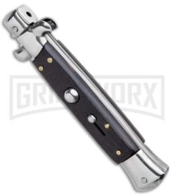 Milano 9" Italian Stiletto Black Wood Automatic Knife - Bayonet Satin -Kershaw Sale Store Milano 9in Italian Stiletto Black Wood Auto Bayonet Satin GF8155BK2 GX 5069 jr spine large