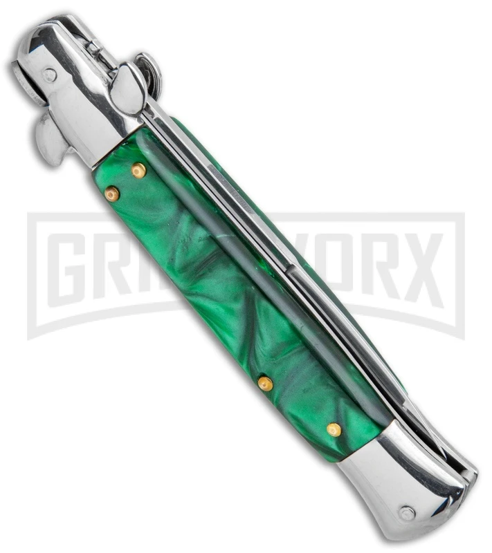Milano 9" Italian Stiletto Green Swirl Automatic Knife - Bayonet Satin 3 Milano 9" Italian Stiletto Green Swirl Automatic Knife - Bayonet Satin - Image 3