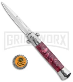 Milano 9" Italian Stiletto Red Marble Automatic Knife - Bayonet Satin -Kershaw Sale Store Milano 9in Italian Stiletto Red Marble Auto Bayo Satin GX 35772 jr bottlecap large