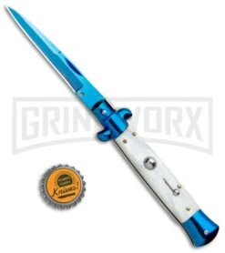 Milano 9" Italian Stiletto White Swirl Automatic Knife - Bayonet Blue Plain -Kershaw Sale Store Milano 9in Italian Stiletto White Swirl Auto Bayo Blue GX 35208 jr bottlecap large