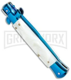 Milano 9" Italian Stiletto White Swirl Automatic Knife - Bayonet Blue Plain -Kershaw Sale Store Milano 9in Italian Stiletto White Swirl Auto Bayo Blue GX 35208 jr side large