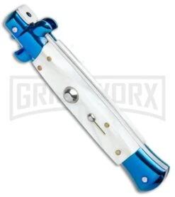 Milano 9" Italian Stiletto White Swirl Automatic Knife - Bayonet Blue Plain -Kershaw Sale Store Milano 9in Italian Stiletto White Swirl Auto Bayo Blue GX 35208 jr spine large