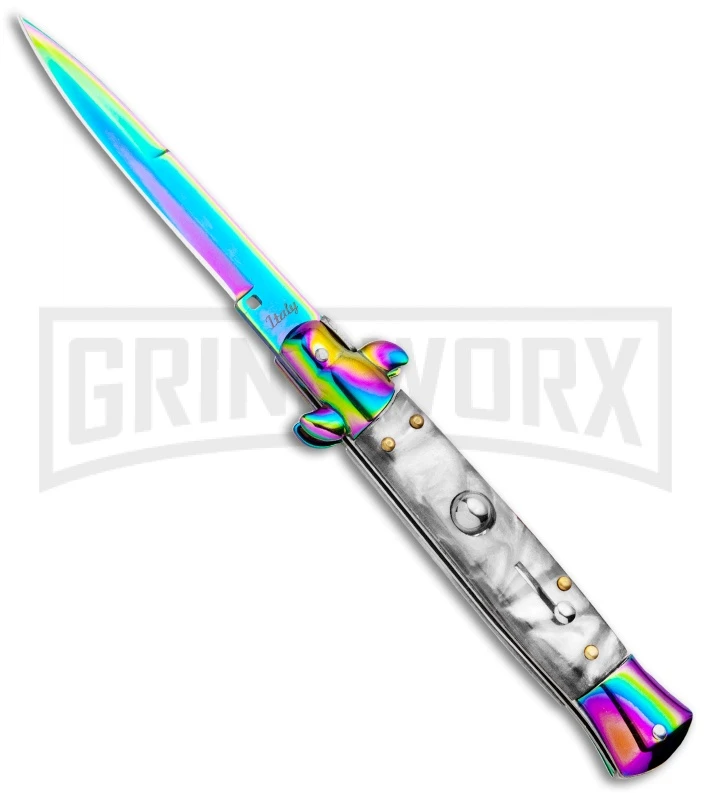 Milano 9" Italian Stiletto White Swirl Automatic Knife - Bayonet Spectrum 1 Milano 9" Italian Stiletto White Swirl Automatic Knife - Bayonet Spectrum