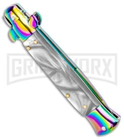 Milano 9" Italian Stiletto White Swirl Automatic Knife - Bayonet Spectrum 7 Milano 9" Italian Stiletto White Swirl Automatic Knife - Bayonet Spectrum -Kershaw Sale Store Milano 9in Italian Stiletto White Swirl Auto Bayo Spectrum GSE019RBMWT GX 33537 jr side large