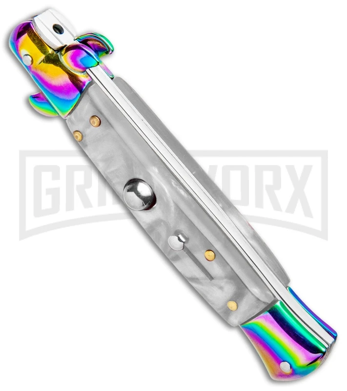 Milano 9" Italian Stiletto White Swirl Automatic Knife - Bayonet Spectrum 2 Milano 9" Italian Stiletto White Swirl Automatic Knife - Bayonet Spectrum - Image 2