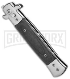 Milano 9" Stiletto Black Wood Automatic Knife - Bayonet Sim Damascus -Kershaw Sale Store Milano 9in Stiletto Black Wood Auto Bayo Sim Damascus GSE018LSL GX 33502 jr spine large