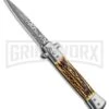Milano 9" Stiletto Sim Stag Horn Automatic Knife - Bayonet Sim Damascus -Kershaw Sale Store Milano 9in Stiletto Sim Stag Horn Auto Bayo Sim Damascus GSE018LSLSTG BP 28882 jr large