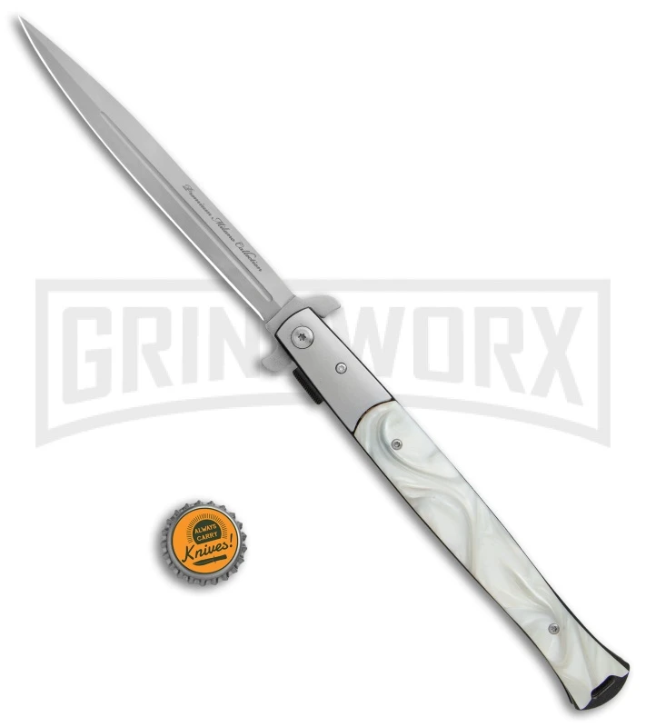 Milano Big Boy Stiletto White Pearlex Spring Assisted Knife - Bead Blast 4 Milano Big Boy Stiletto White Pearlex Spring Assisted Knife - Bead Blast - Image 4