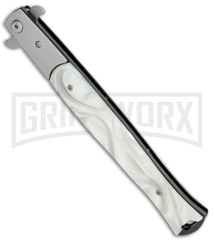 Milano Big Boy Stiletto White Pearlex Spring Assisted Knife - Bead Blast 2 Milano Big Boy Stiletto White Pearlex Spring Assisted Knife - Bead Blast - Image 2