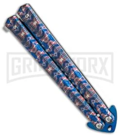 Chalkhill Balisong Butterfly Knife - Blue Spear Point Pattern Handles -Kershaw Sale Store Patterned Balisong Spear Point Butterfly Knife Blue Finish GX 37654 td side large