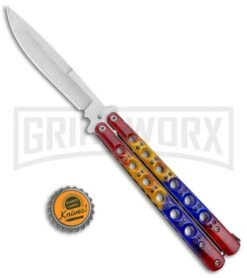 Red/Yellow/Blue Balisong Butterfly Knife (4.25" Satin) 7 Red/Yellow/Blue Balisong Butterfly Knife (4.25" Satin) -Kershaw Sale Store Red Yellow Blue Balisong Butterfly Satin GX 37519 jr bottlecap large 1