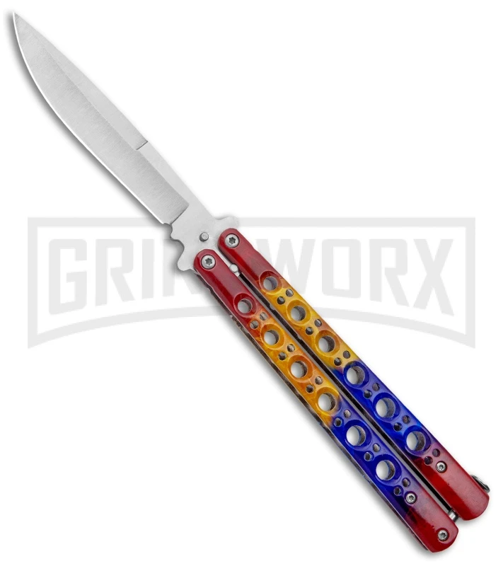 Red/Yellow/Blue Balisong Butterfly Knife (4.25" Satin) 1 Red/Yellow/Blue Balisong Butterfly Knife (4.25" Satin)