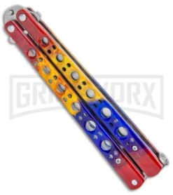 Red/Yellow/Blue Balisong Butterfly Knife (4.25" Satin) 6 Red/Yellow/Blue Balisong Butterfly Knife (4.25" Satin) -Kershaw Sale Store Red Yellow Blue Balisong Butterfly Satin GX 37519 jr side large 1