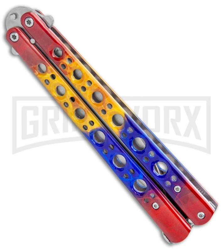 Red/Yellow/Blue Balisong Butterfly Knife (4.25" Satin) 2 Red/Yellow/Blue Balisong Butterfly Knife (4.25" Satin) - Image 2