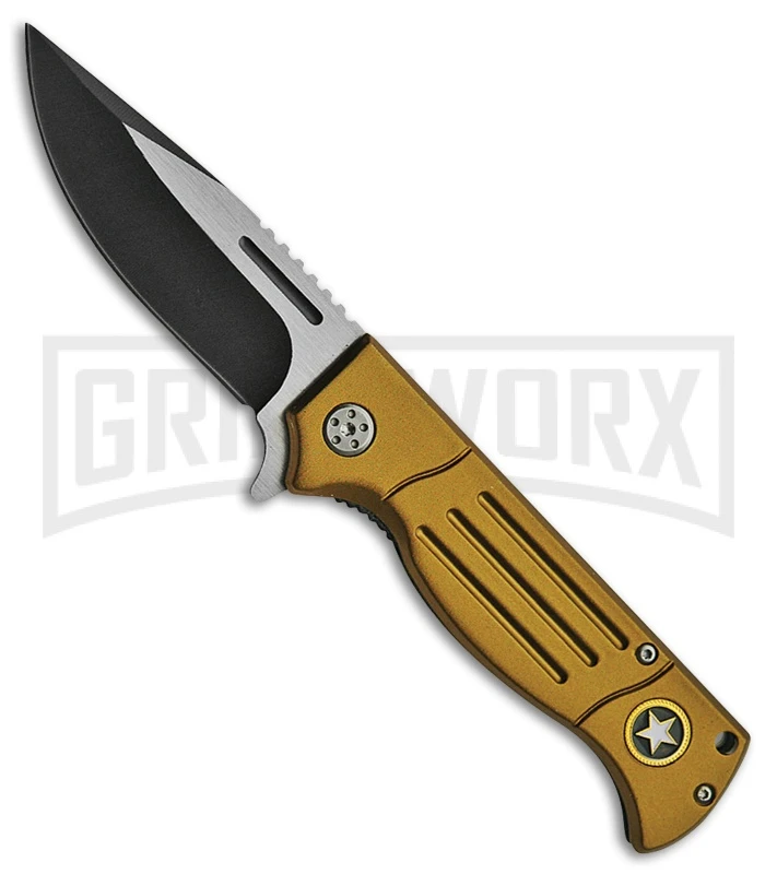 Rite Edge Striker Gold Aluminum Spring Assisted Knife Army - Two-Tone Plain 1 Rite Edge Striker Gold Aluminum Spring Assisted Knife Army - Two-Tone Plain