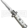 SKM 4.5" Italian Mini Stiletto White Acrylic Automatic Knife - Satin Kris 6 SKM 4.5" Italian Mini Stiletto White Acrylic Automatic Knife - Satin Kris -Kershaw Sale Store SKM 4.5in Stiletto White Acrylic Kriss BHQ 52385 jr large