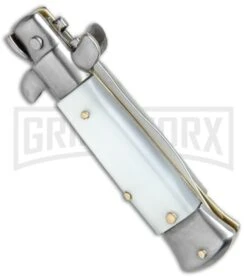 SKM 4.5" Italian Mini Stiletto White Acrylic Automatic Knife - Satin Kris -Kershaw Sale Store SKM 4.5in Stiletto White Acrylic Kriss BHQ 52385 jr side large