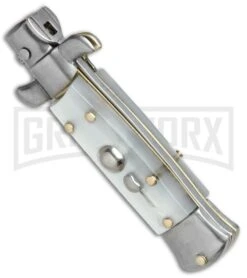 SKM 4.5" Italian Mini Stiletto White Acrylic Automatic Knife - Satin Kris -Kershaw Sale Store SKM 4.5in Stiletto White Acrylic Kriss BHQ 52385 jr spine large