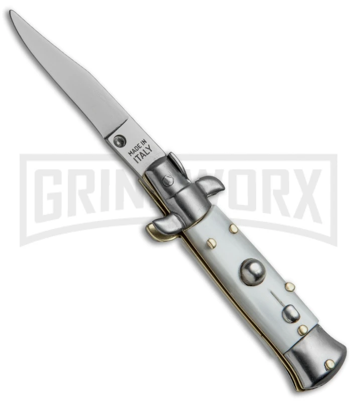 SKM 4.5" Italian Mini Stiletto White Pearlex Automatic Knife - Clip Point 1 SKM 4.5" Italian Mini Stiletto White Pearlex Automatic Knife - Clip Point
