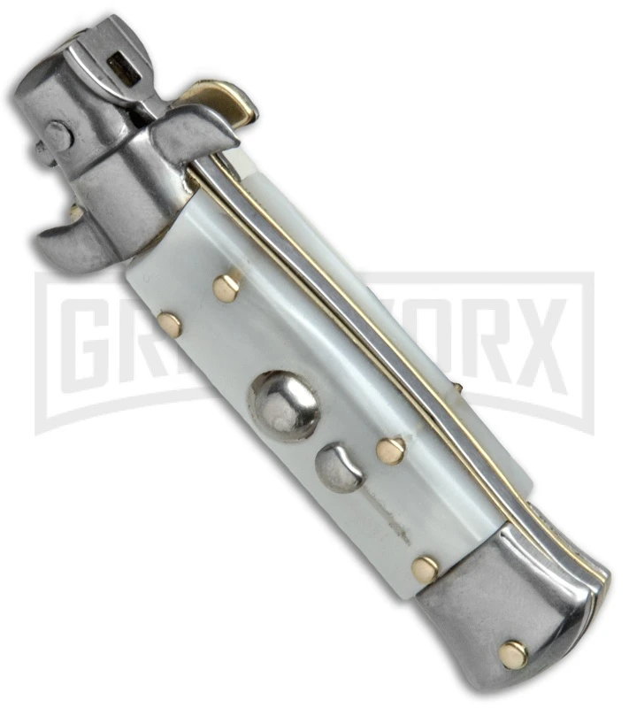 SKM 4.5" Italian Mini Stiletto White Pearlex Automatic Knife - Clip Point 2 SKM 4.5" Italian Mini Stiletto White Pearlex Automatic Knife - Clip Point - Image 2