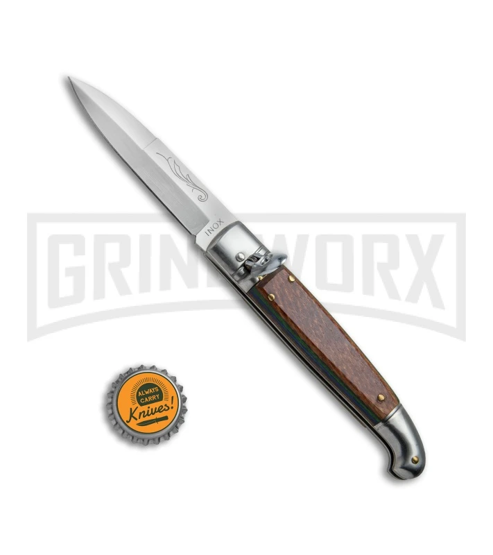SKM 8" Fancy Lever Lock Stamina Wood Automatic Knife - Satin Bayonet 4 SKM 8" Fancy Lever Lock Stamina Wood Automatic Knife - Satin Bayonet - Image 4