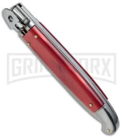 SKM 9.5" Red Acrylic Fancy Lever Lock Automatic Stiletto Knife - Satin Bayo -Kershaw Sale Store SKM 9.5in Fancy Acrylic LL Stiletto Bayo Red BP 19170 jr spine large