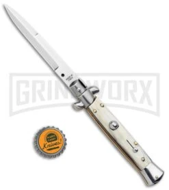 SKM 9" Italian Stiletto Honey Horn Automatic Knife - Bayonet -Kershaw Sale Store SKM 9in Italian Stiletto Auto Honey Horn Satin Bayo BHQ 131268 jr bottlecap large