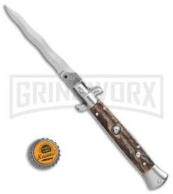 SKM AB 9" Italian Stiletto Stag Automatic Knife - Kris Satin Plain -Kershaw Sale Store SKM AB 9 itilian stiletto bayonet sim Ivory satin BHQ 74900 er bottlecap large