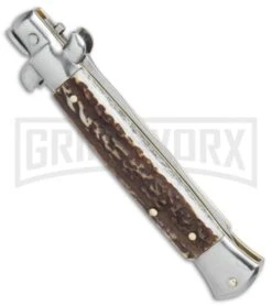 SKM AB 9" Italian Stiletto Stag Automatic Knife - Kris Satin Plain -Kershaw Sale Store SKM AB 9 itilian stiletto bayonet sim Ivory satin BHQ 74900 er side large