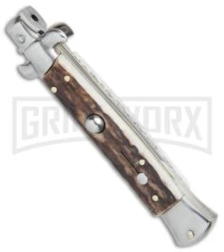 SKM AB 9" Italian Stiletto Stag Automatic Knife - Kris Satin Plain -Kershaw Sale Store SKM AB 9 itilian stiletto bayonet sim Ivory satin BHQ 74900 er spine large