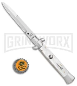 SKM 9" Italian Stiletto White Pearlex Automatic Knife - Satin Bayonet -Kershaw Sale Store SKM AB 9in Italian Stiletto Auto White Pearlex Satin Bayonet BHQ 51164 er bottlecap large